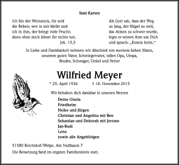 Anzeige von Wilfried Meyer von Kölner Stadt-Anzeiger / Kölnische Rundschau / Express