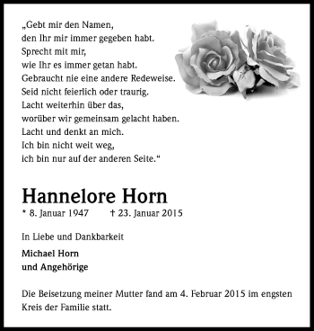 Anzeige von Hannelore Horn von Kölner Stadt-Anzeiger / Kölnische Rundschau / Express