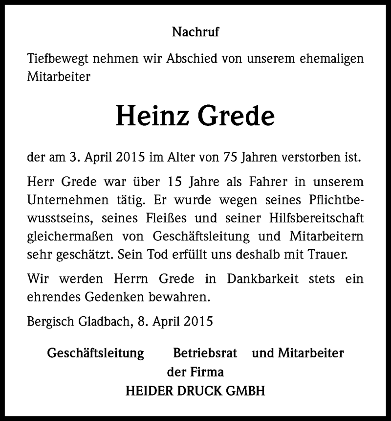  Traueranzeige für Heinz Grede vom 16.04.2015 aus Kölner Stadt-Anzeiger / Kölnische Rundschau / Express