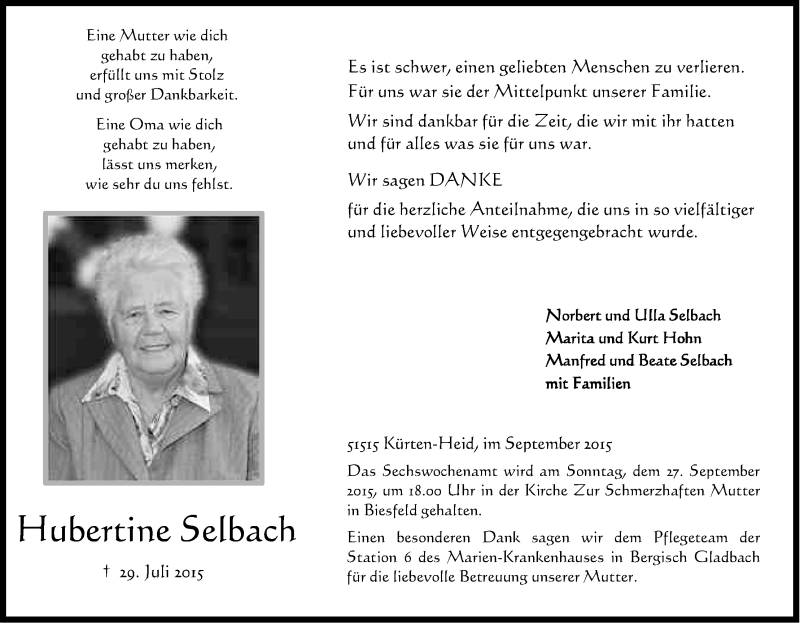  Traueranzeige für Hubertine Selbach vom 19.09.2015 aus Kölner Stadt-Anzeiger / Kölnische Rundschau / Express