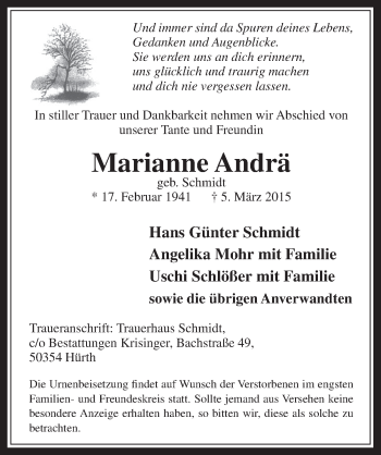 Anzeige von Marianne Andrä von  Wochenende 