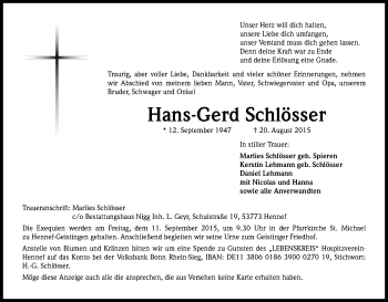 Anzeige von Hans-Gerd Schlösser von Kölner Stadt-Anzeiger / Kölnische Rundschau / Express