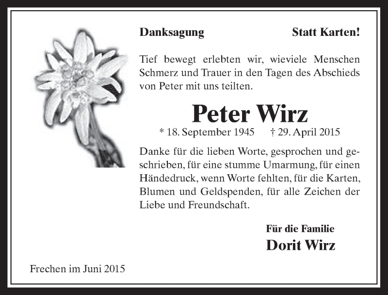  Traueranzeige für Peter Wirz vom 10.06.2015 aus  Wochenende 