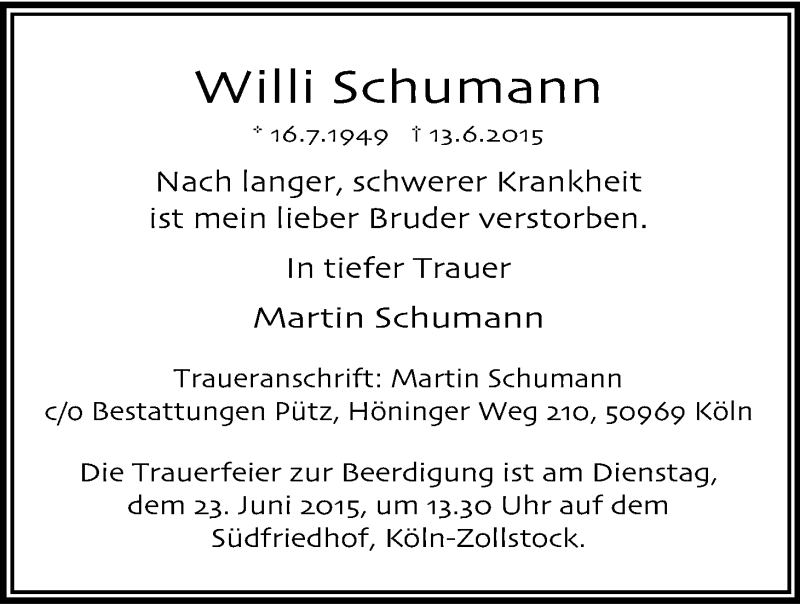  Traueranzeige für Willi Schumann vom 20.06.2015 aus Kölner Stadt-Anzeiger / Kölnische Rundschau / Express