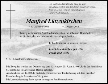 Anzeige von Manfred Lützenkirchen von Kölner Stadt-Anzeiger / Kölnische Rundschau / Express