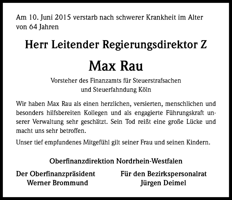  Traueranzeige für Max Rau vom 18.06.2015 aus Kölner Stadt-Anzeiger / Kölnische Rundschau / Express