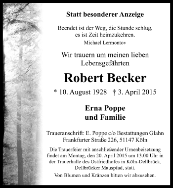 Anzeige von Robert Becker von  Kölner Wochenspiegel 