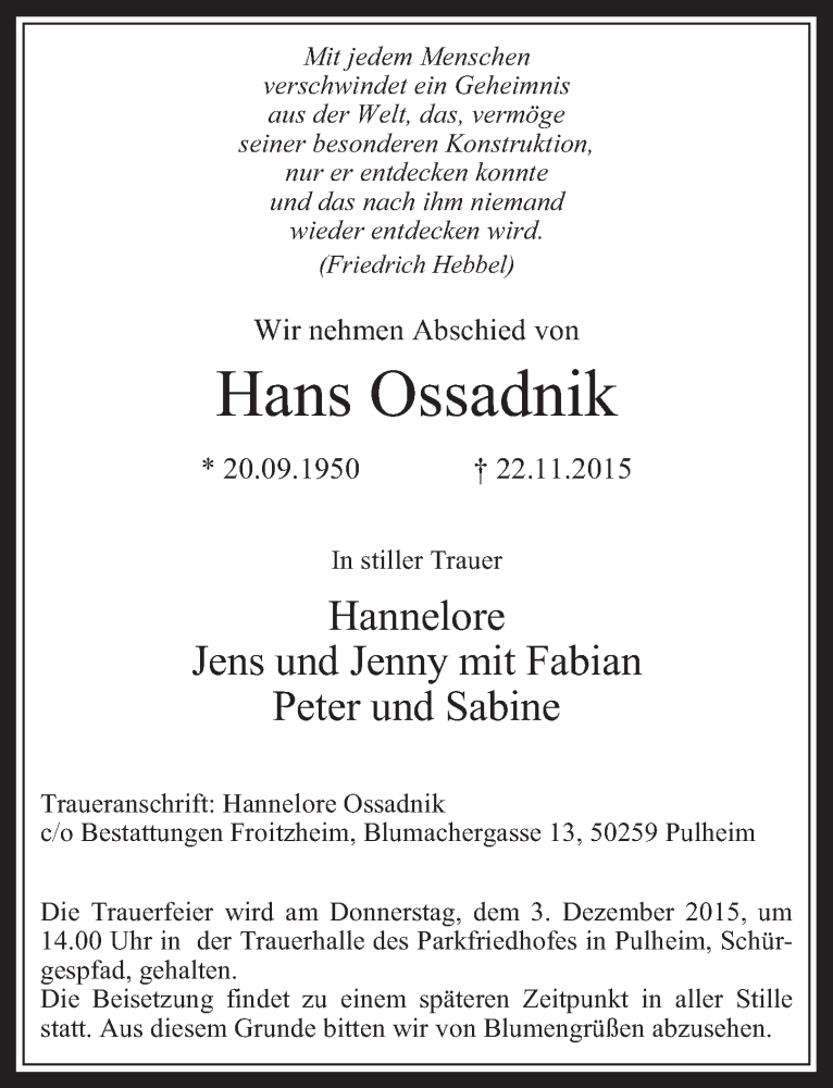  Traueranzeige für Hans Ossadnik vom 02.12.2015 aus  Wochenende 