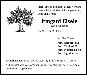 Anzeige von Irmgard Eisele von Kölner Stadt-Anzeiger / Kölnische Rundschau / Express