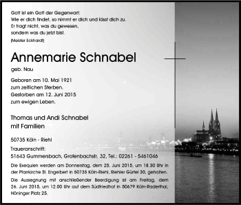 Anzeige von Annemarie Schnabel von Kölner Stadt-Anzeiger / Kölnische Rundschau / Express