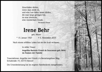 Anzeige von Irene Behr von Köln - Wir Trauern