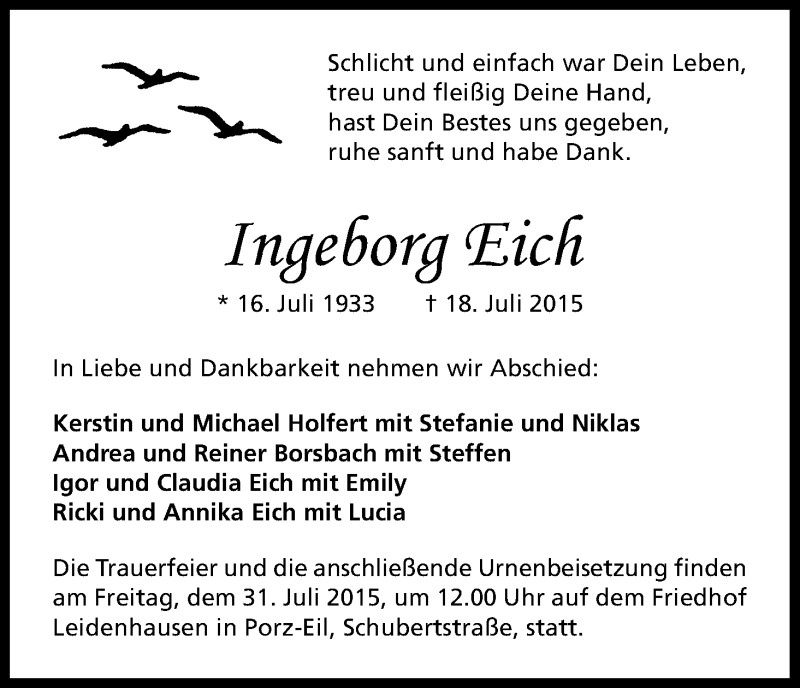  Traueranzeige für Ingeborg Eich vom 25.07.2015 aus Kölner Stadt-Anzeiger / Kölnische Rundschau / Express
