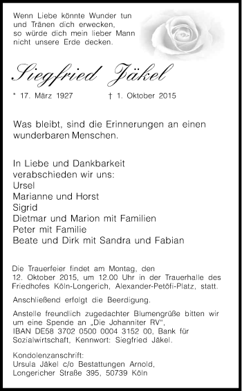 Anzeige von Siegfried Jäkel von Kölner Stadt-Anzeiger / Kölnische Rundschau / Express