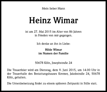 Anzeige von Heinz Wimar von Kölner Stadt-Anzeiger / Kölnische Rundschau / Express