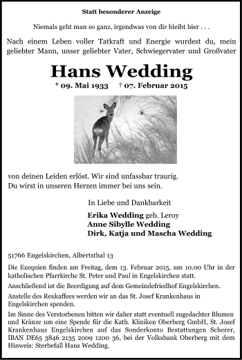 Anzeige von Hans Wedding von Kölner Stadt-Anzeiger / Kölnische Rundschau / Express