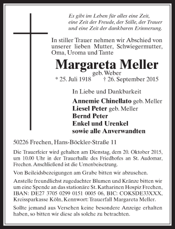Anzeige von Margareta Meller von  Wochenende 