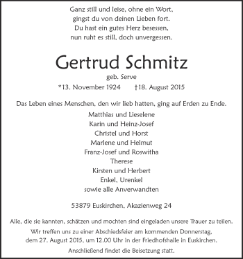Anzeige von Gertrud Schmitz von  Blickpunkt Euskirchen 