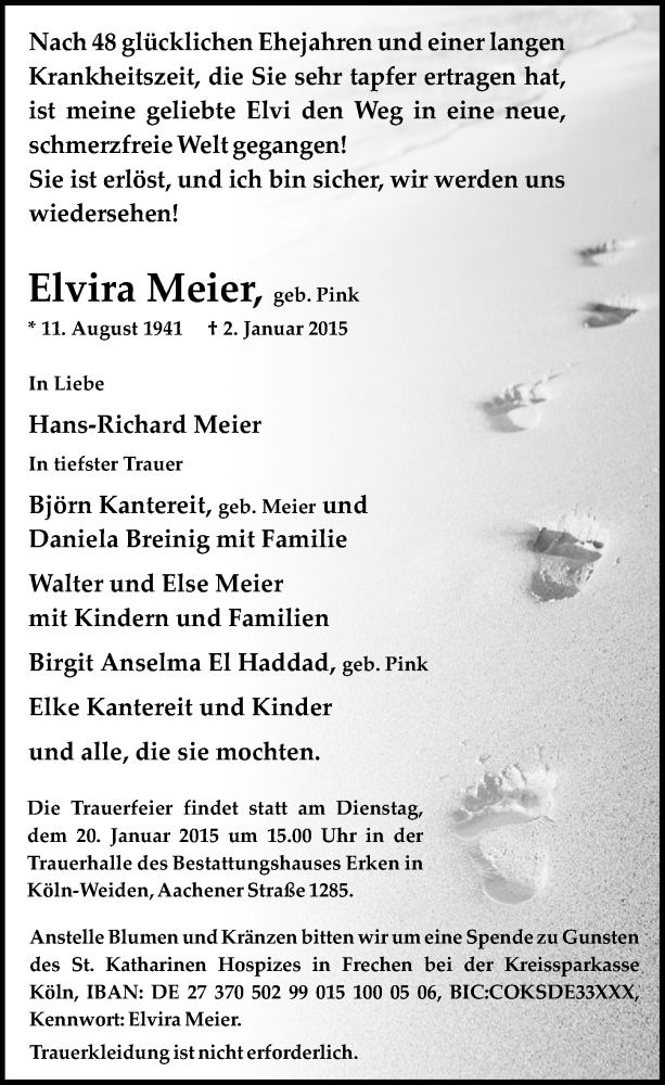  Traueranzeige für Elvira Meier vom 17.01.2015 aus  Sonntags-Post 