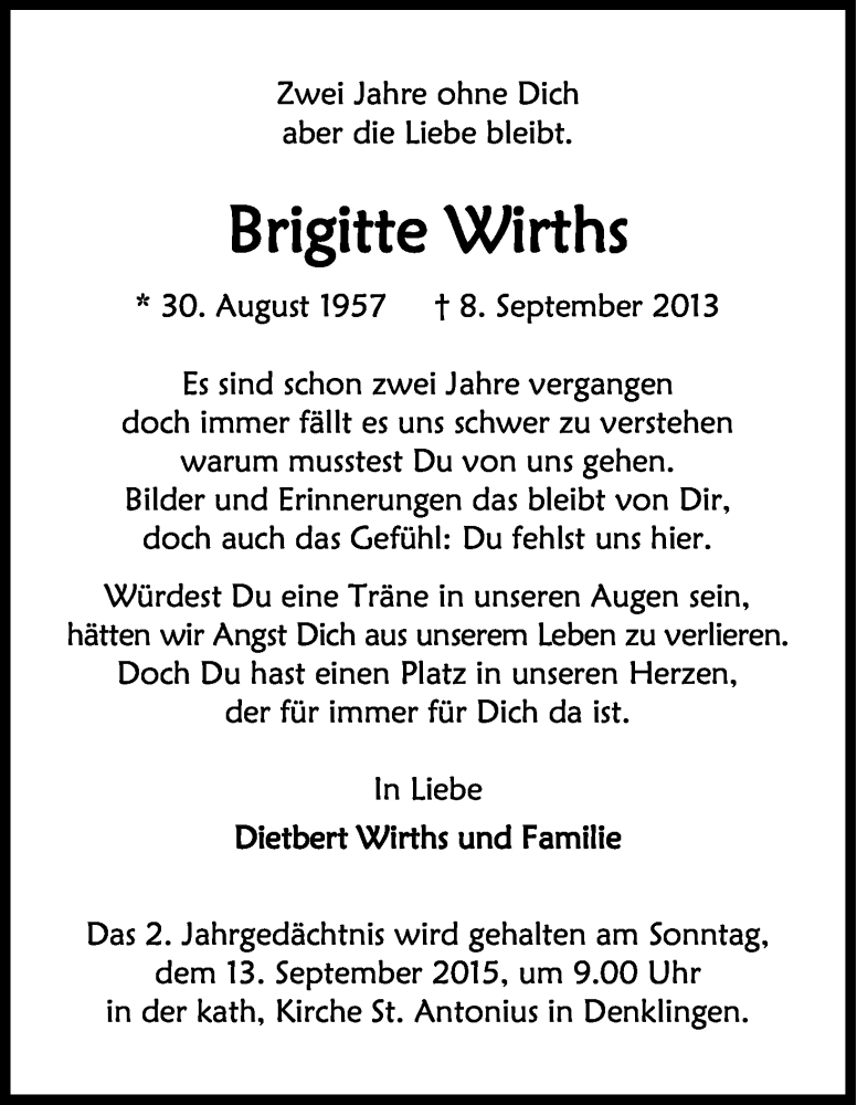  Traueranzeige für Brigitte Wirths vom 05.09.2015 aus Kölner Stadt-Anzeiger / Kölnische Rundschau / Express