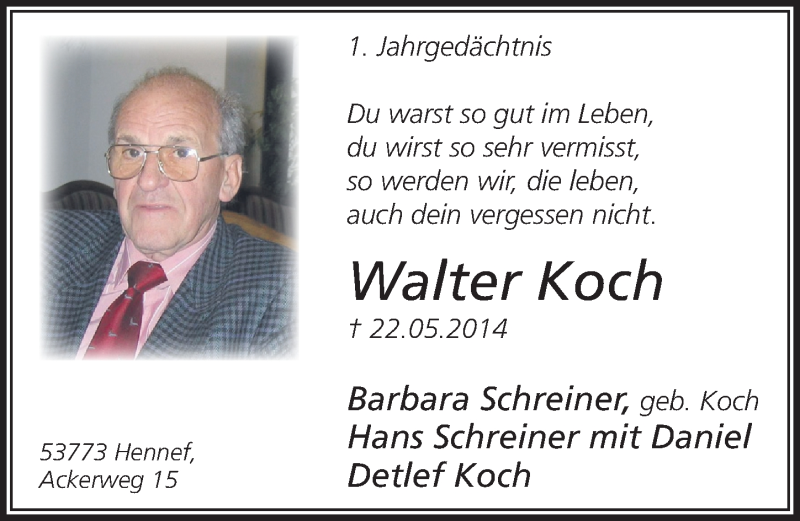  Traueranzeige für Walter Koch vom 28.05.2014 aus  Extra Blatt 