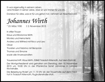 Anzeige von Johannes Wirth von Kölner Stadt-Anzeiger / Kölnische Rundschau / Express