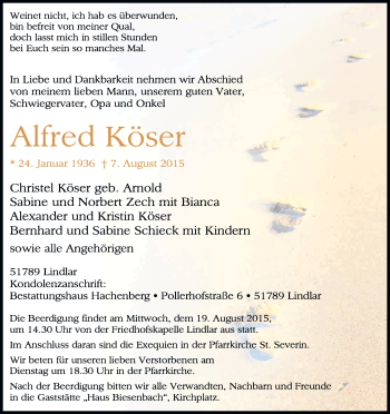 Anzeige von Alfred Köser von Kölner Stadt-Anzeiger / Kölnische Rundschau / Express