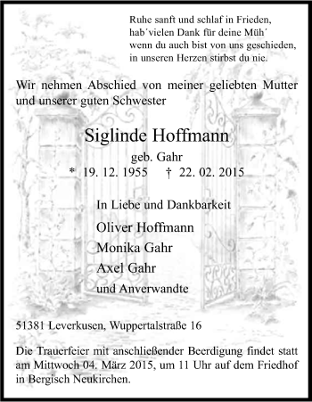 Anzeige von Siglinde Hoffmann von Kölner Stadt-Anzeiger / Kölnische Rundschau / Express