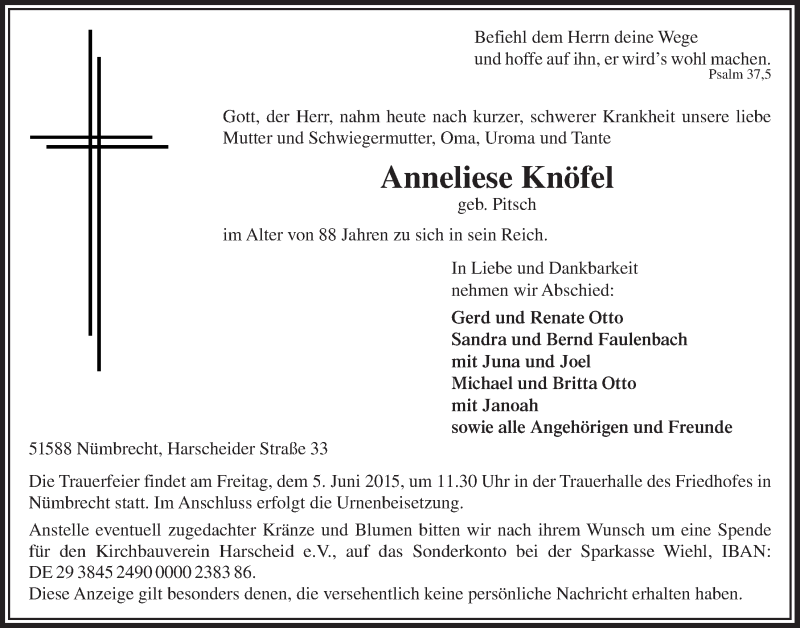  Traueranzeige für Anneliese Knöfel vom 03.06.2015 aus  Lokalanzeiger 