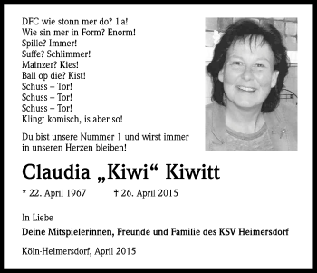 Anzeige von Claudia  Kiwitt von Kölner Stadt-Anzeiger / Kölnische Rundschau / Express