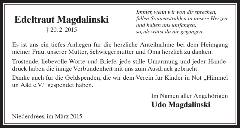  Traueranzeige für Edeltraut Magdalinski vom 01.04.2015 aus  Schaufenster/Blickpunkt 