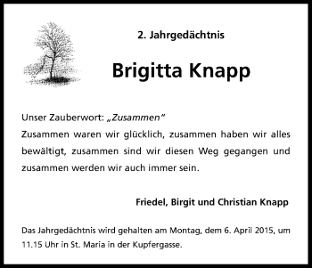 Anzeige von Brigitta Knapp von Kölner Stadt-Anzeiger / Kölnische Rundschau / Express