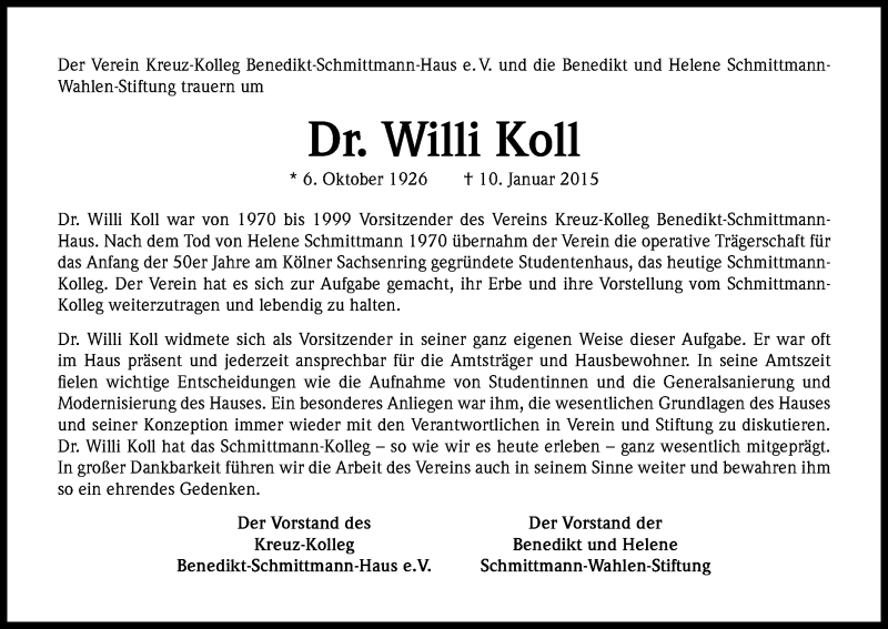  Traueranzeige für Willi Koll vom 17.01.2015 aus Kölner Stadt-Anzeiger / Kölnische Rundschau / Express