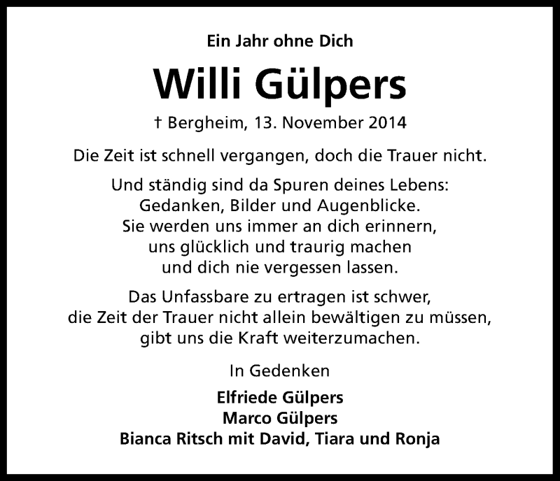  Traueranzeige für Willi Gülpers vom 12.11.2015 aus Kölner Stadt-Anzeiger / Kölnische Rundschau / Express