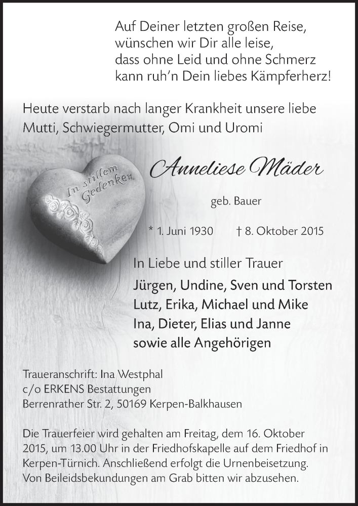  Traueranzeige für Anneliese Mäder vom 14.10.2015 aus  Kölner Wochenspiegel  Werbepost 