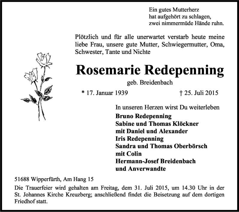  Traueranzeige für Rosemarie Redepenning vom 28.07.2015 aus Kölner Stadt-Anzeiger / Kölnische Rundschau / Express
