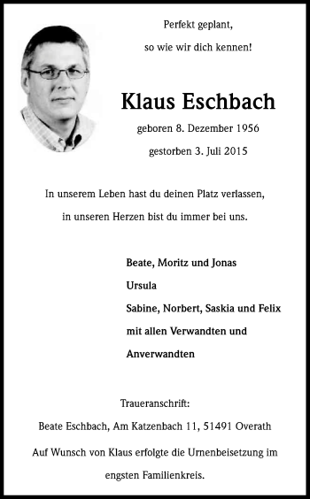 Anzeige von Klaus Eschbach von Kölner Stadt-Anzeiger / Kölnische Rundschau / Express