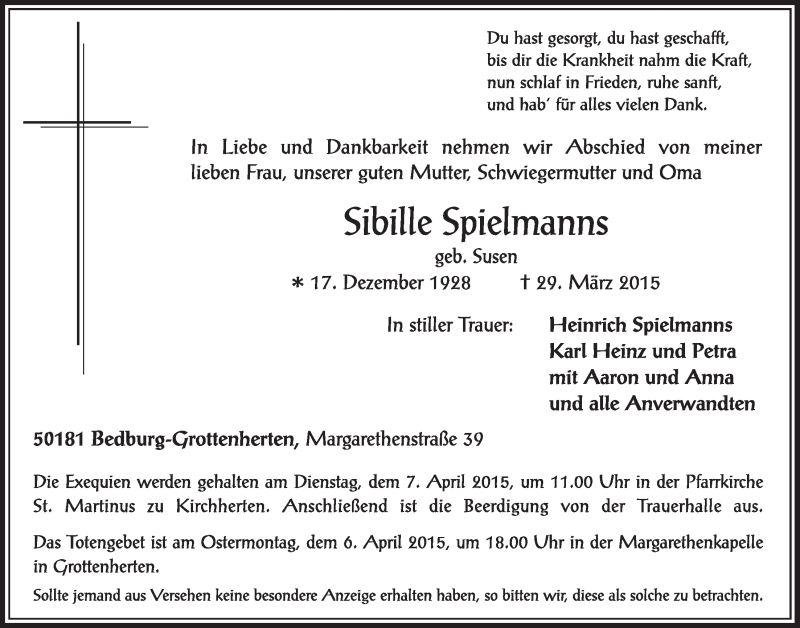  Traueranzeige für Sibille Spielmanns vom 04.04.2015 aus  Sonntags-Post 