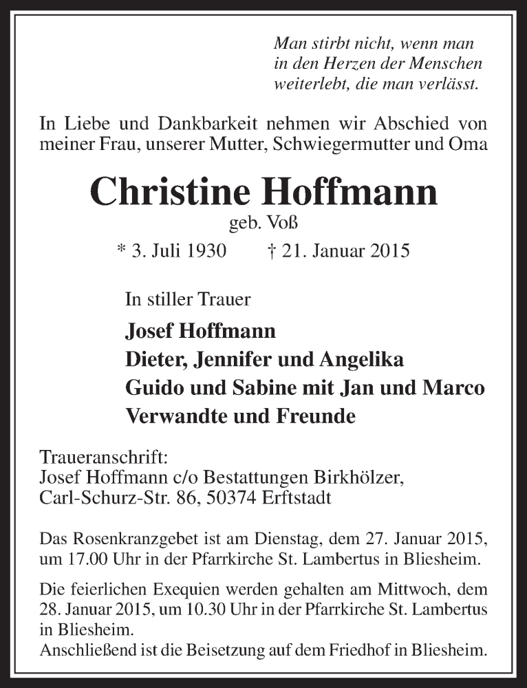  Traueranzeige für Christine Hoffmann vom 24.01.2015 aus  Sonntags-Post 