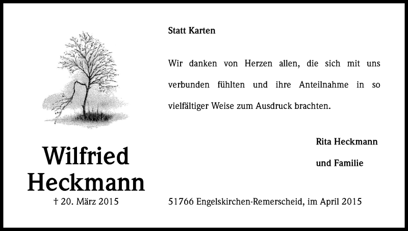  Traueranzeige für Wilfried Heckmann vom 25.04.2015 aus Kölner Stadt-Anzeiger / Kölnische Rundschau / Express