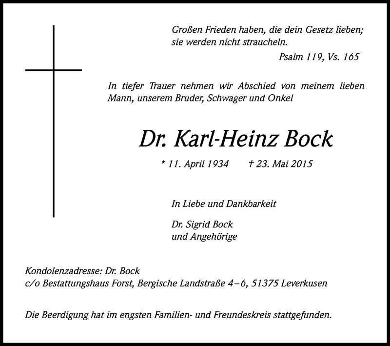  Traueranzeige für Karl-Heinz Bock vom 06.06.2015 aus Kölner Stadt-Anzeiger / Kölnische Rundschau / Express