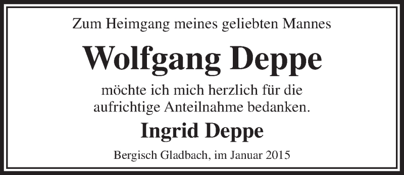  Traueranzeige für Wolfgang Deppe vom 28.01.2015 aus  Bergisches Handelsblatt 