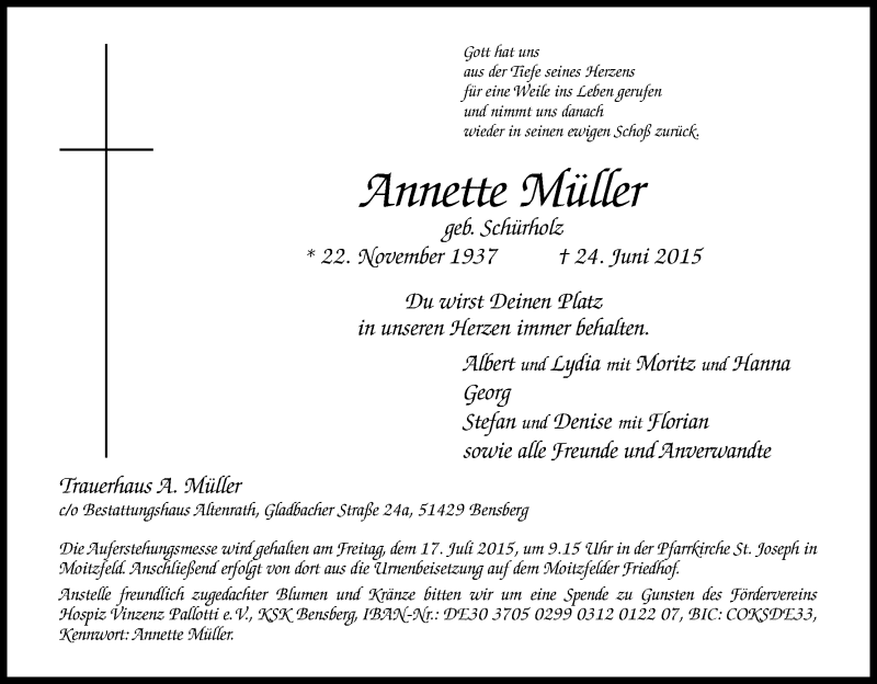  Traueranzeige für Annette Müller vom 13.07.2015 aus Kölner Stadt-Anzeiger / Kölnische Rundschau / Express