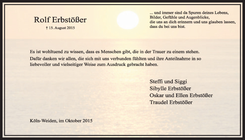  Traueranzeige für Rolf Erbstößer vom 02.10.2015 aus  Sonntags-Post 