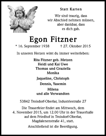 Anzeige von Egon Fitzner von Kölner Stadt-Anzeiger / Kölnische Rundschau / Express
