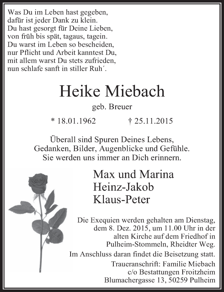  Traueranzeige für Heike Miebach vom 02.12.2015 aus  Wochenende 
