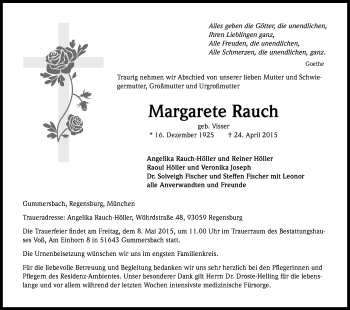 Anzeige von Margarete Rauch von Kölner Stadt-Anzeiger / Kölnische Rundschau / Express