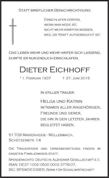 Anzeige von Dieter Eichhoff von  Anzeigen Echo 