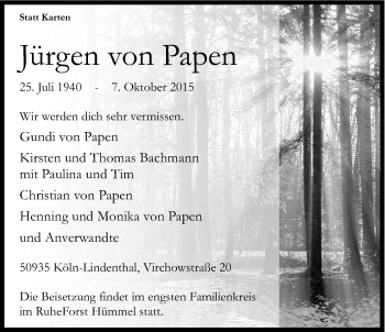 Anzeige von Jürgen von Papen von Kölner Stadt-Anzeiger / Kölnische Rundschau / Express