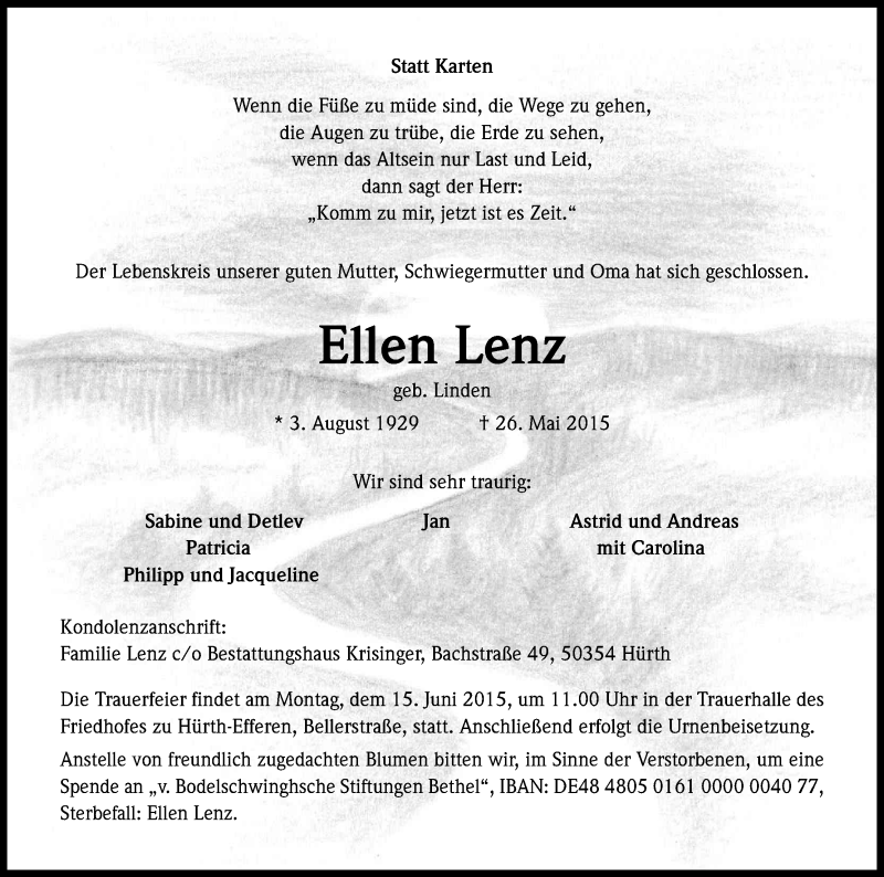  Traueranzeige für Ellen Lenz vom 06.06.2015 aus Kölner Stadt-Anzeiger / Kölnische Rundschau / Express