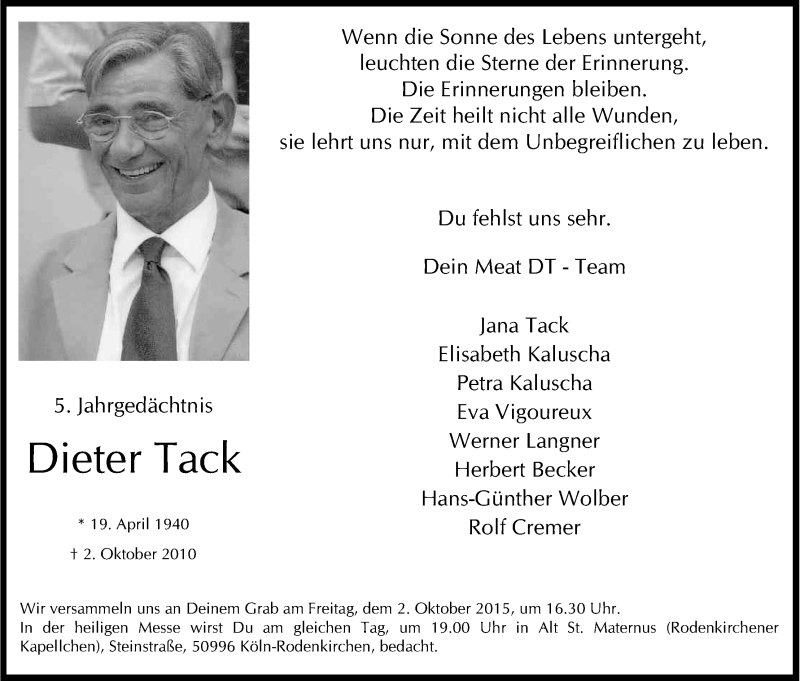  Traueranzeige für Dieter Tack vom 26.09.2015 aus Kölner Stadt-Anzeiger / Kölnische Rundschau / Express